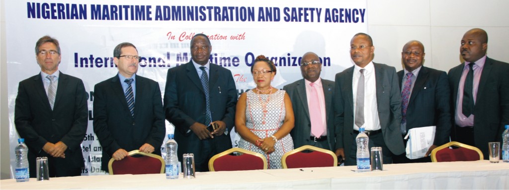 L-R: Capt. Antonio Moreira, Capt. Marin Petrov, Capt. Ezekiel Agaba representing DG of NIMASA, Mrs. Mfon Usoro, Secretary General Abuja MoU, Capt. Ibraheem Olugbade, Nigeria's Alternate Permanent Representative to the IMO, Barr. Callistus Obi, Executive Director, Maritime Labour, NIMASA, Engr. Vincent Udoye, Head Maritime Safety Dept. NIMASA and Capt. Dallas Eric Laryea, IMO Regional Coordinator for West and Central Africa (Anglophone) at a National Workshop on Flag State Implementation and Port State Control organized by NIMASA in collaboration with the IMO in Lagos recently.