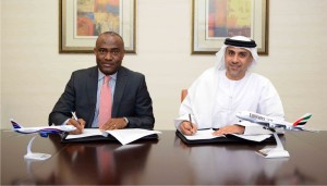 L-R:Chris Ndlulue, Arik Air's Managing Director, and Adnan Kazim, Emirates Divisional Senior Vice President, Planning, Aeropolitical and Industry Affairs, sign the MoU at Emirates Group Headquarters in Dubai