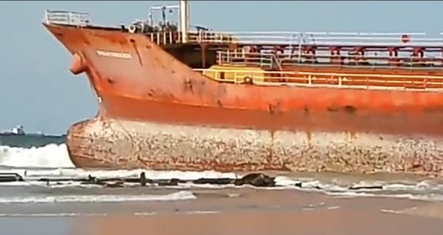 Oil Tanker Stays Aground 3 Weeks On Lagos Beachside