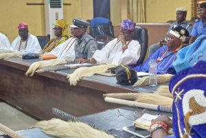 Comptroller Dera Nnadi (2nd from left) engaging the Council of Obas of Yewa Land